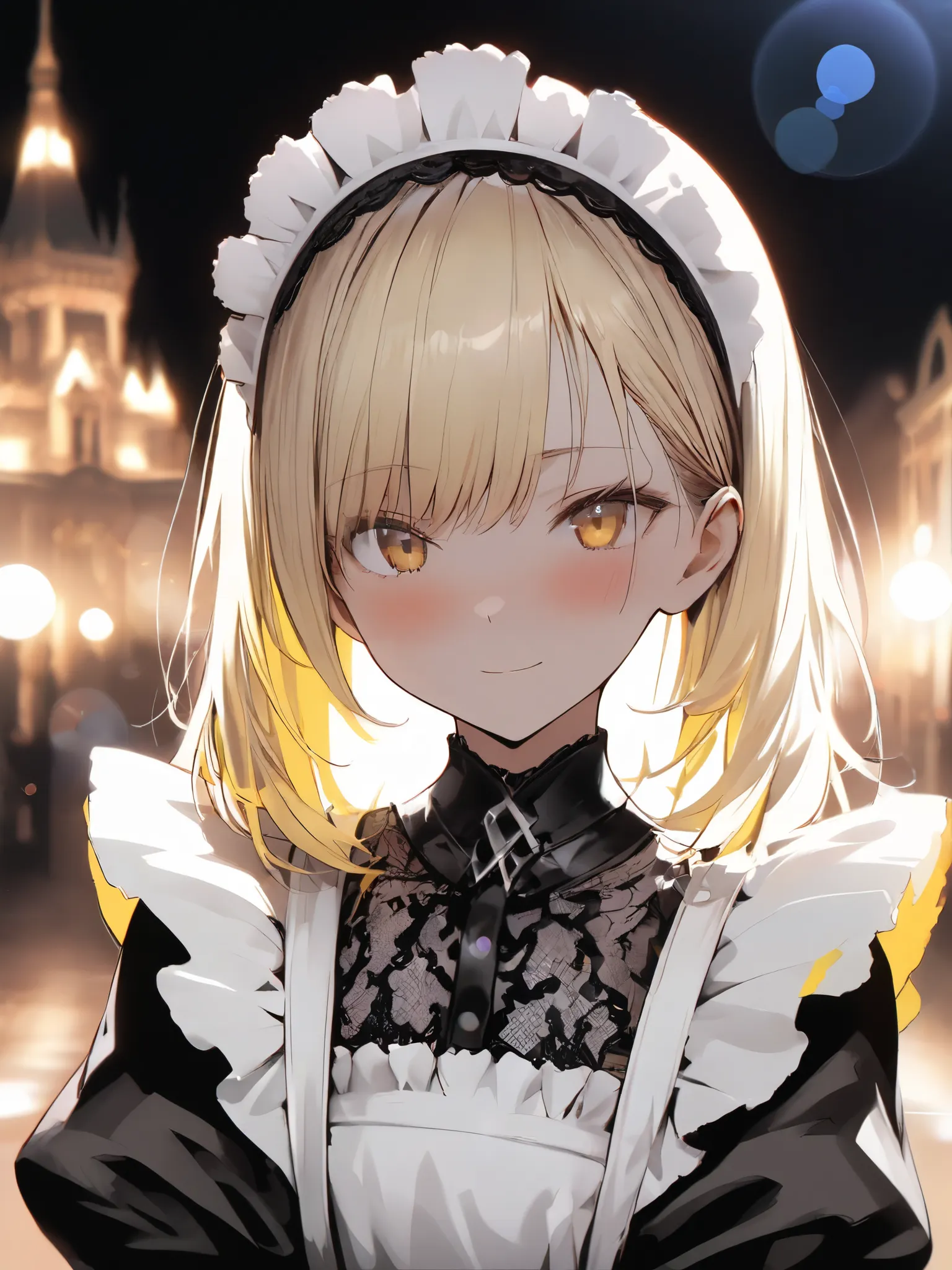 (French-maid:1.3),   cute girl, Palace at Night, Blond hair with inner color, head band, (Ultra High Definition:1.1) , (High Resolution:1.1), upper body,Lens Flare, Background blur, NSFW,