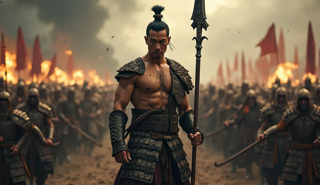 Donnie Yen standing at the center of the image, wearing an ancient warrior's armor, looking like a powerful and fearless army general. His muscular body is covered in battle scars and light dirt, showing his resilience. He holds a legendary spear in his ha...