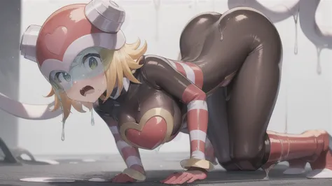 harpnote_megamansf, 1girl, blonde hair, short hair,  heart, (helmet), green eyes, looking at viewer, crying, high quality, sad, masterpiece, torn clothes, medium breasts, large hips, concerned, tears,  out, thicc, torn clothes, slime all over, tentacles, o...