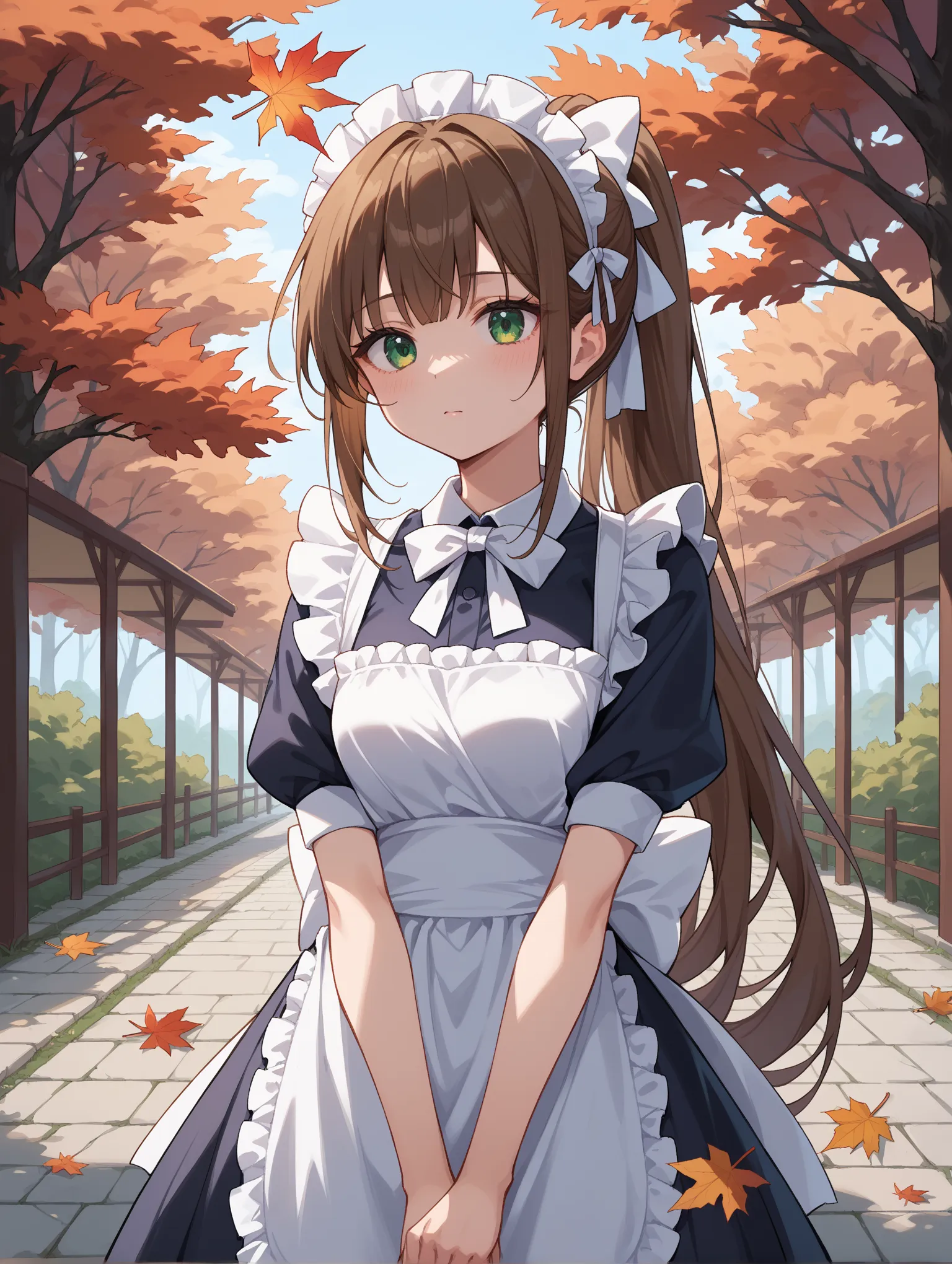 score_9, score_8_up, score_7_up, source_anime,
 very long hair,brown hair,ponytail,hair bow,white bow,hair ribbon,white ribbon,sidelocks,bangs,green eyes solo, beautiful eyes,BREAK
wa maid, maid, maid headdress, apron, white apron, frilled apron, maid apro...