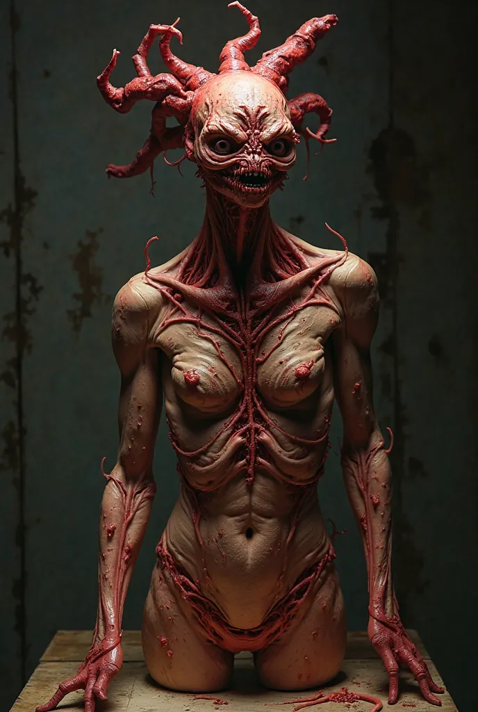 Give me an analog horror style statue that is made of flesh, a piece of the upper part that is red 