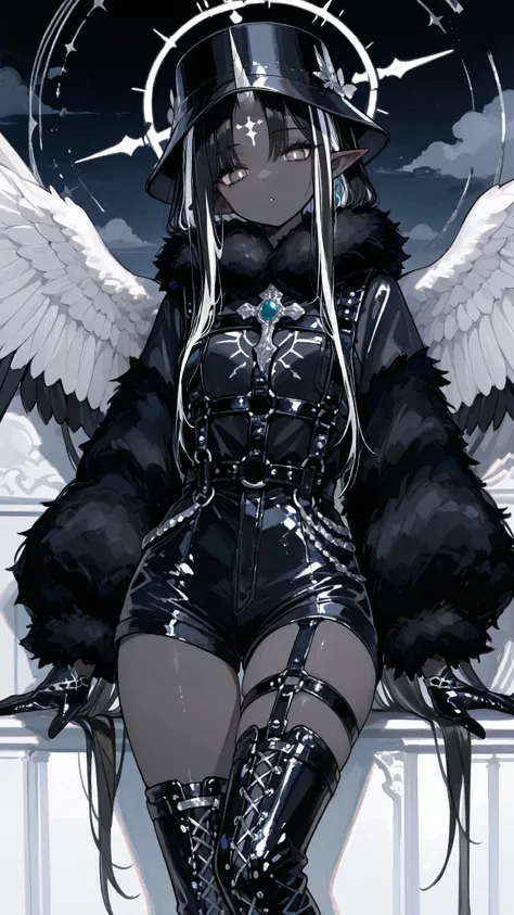 The girl is a fallen black-and-white angel. Her hair is obsidian black and long and straight with white highlights. her eyes are dark black with white inverted crosses-like  pupils.  She has dark grey skin and pointed ears. In the center of her forehead sh...