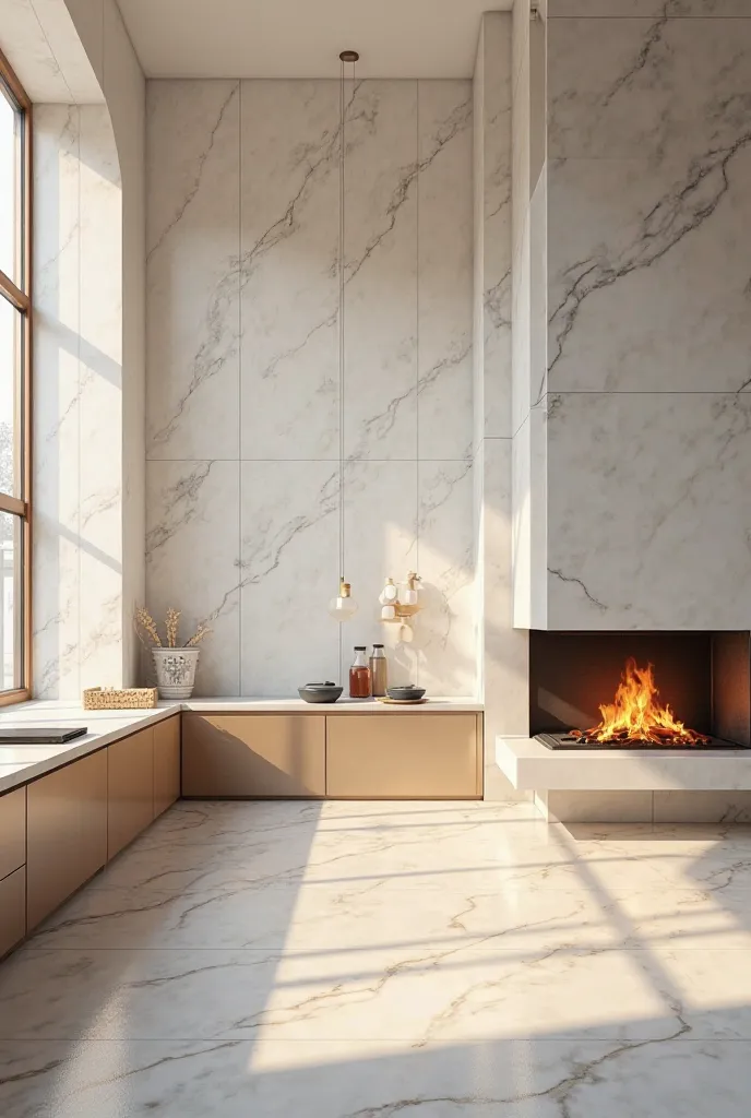 fish belly white marble kitchen wall，A stove that is burning，window light shines on the wall，bright and warm color style，HD pixel shooting，OC Rendering