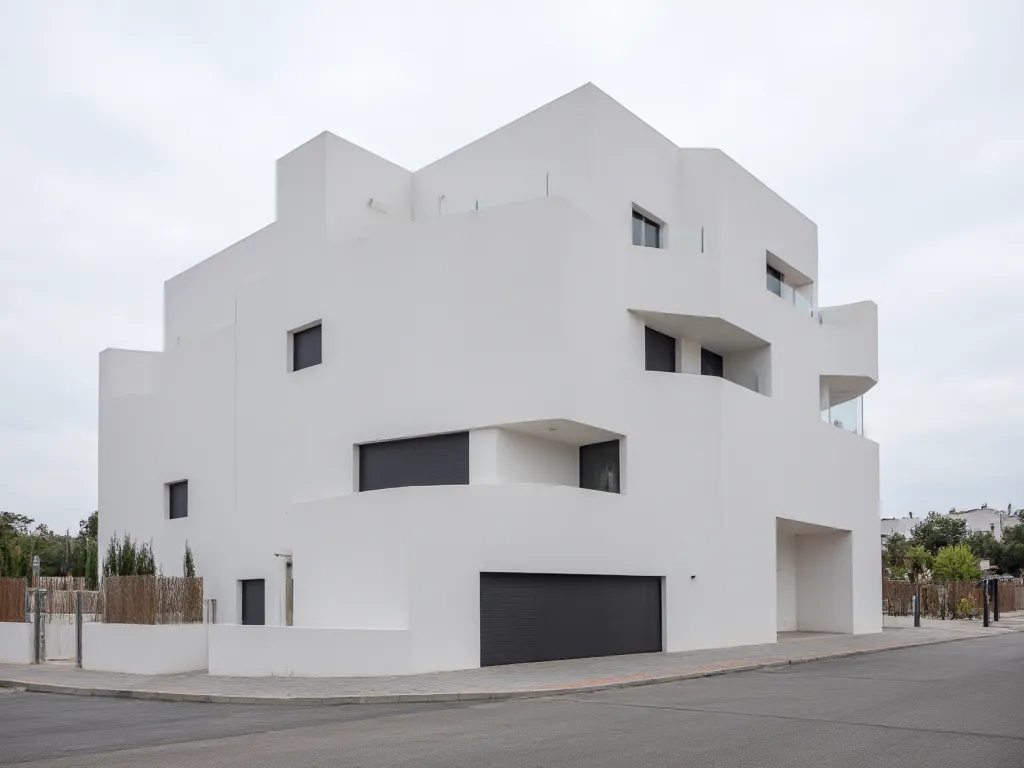 Artistic ultra-realistic photograph of a futuristic modern house blending the architectural styles of Kazuyo Sejima & Ryue Nishizawa (SANAA) and Zaha Hadid. The structure combines SANAA’s minimalist, all-white, stacked rectangular volumes with Zaha Hadid’s...