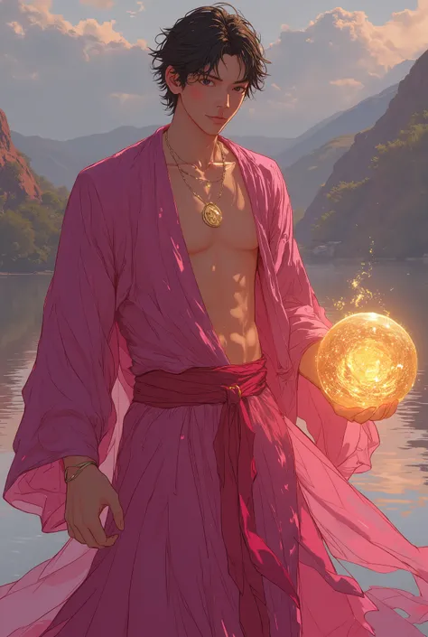Young wizard man, Handsome, sexy in a rich pink outfit, tunic style that leaves your abdomen exposed, with a glemering golden energy sphere in his right hand , pronounced glutes, delicate appearance. lake background photo style. super detailed, UHD, 8k, ep...