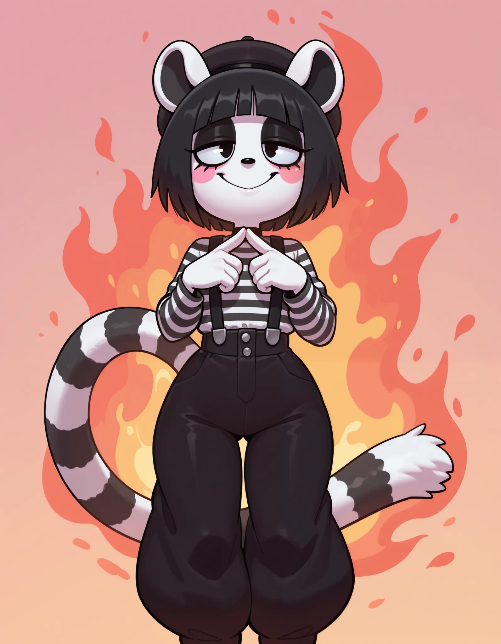 masterpiece, best quality, amazing quality, very aesthetic, absurdres, source furry, 1female, ((short body)), mime clothes, mime makeup, lemur, fluffy tail, lemur ears, long tail, black and white, black beret, black short hair, suspenders, posing, goth, em...