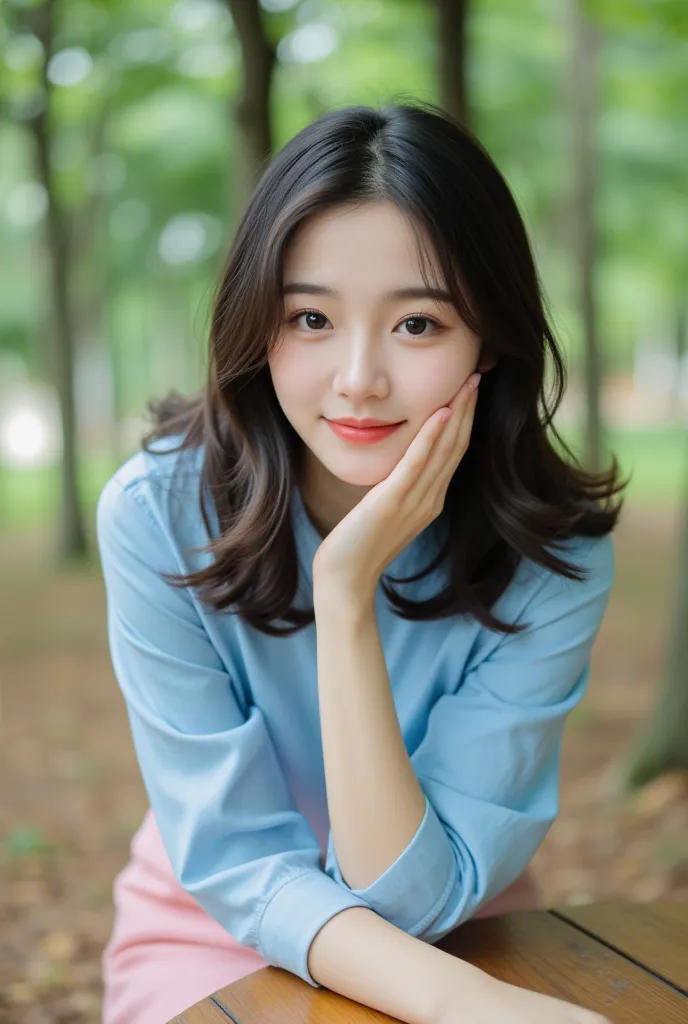  in high-definition images、Attractive Young korean Woman, by rubio, blue shirt, pink skirt,  facial details ,  forward leaning posture, Nail,  facing backwards,  Smile, leaning against the table, Forest restaurant、Colorful Forest。