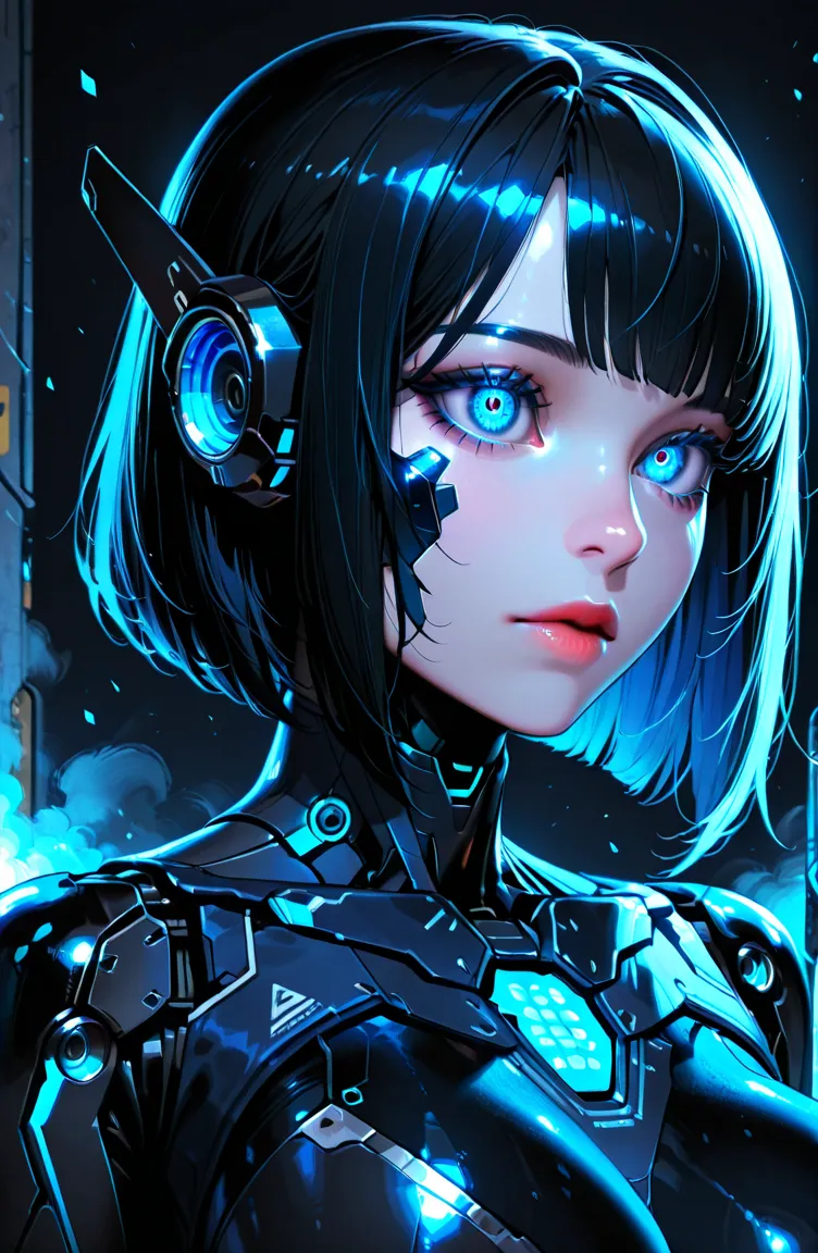 Portrait of a cyborg woman, bright blue eyes, short black hair, bangs, mechanical eyes, big eyes, enlarged pupils, large breasts, mechanical body, 