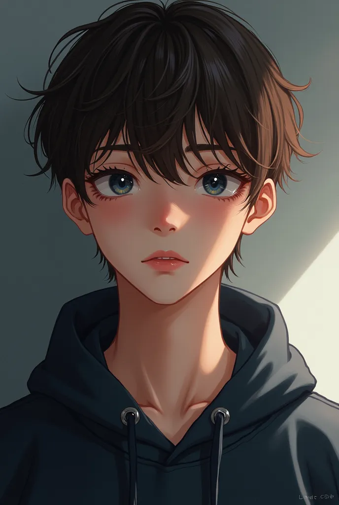 Andrés born in Norway with a Korean mother and a Greek father,of approximately 1,75 tall, with medium brown hair with dark blue eyes anime features