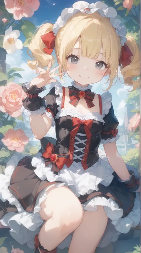 (top quality、masterpiece、Very Detailed、one girl、cute face、 silky short blonde 、(((Short hair in twin tails、)))、gray eyes、From the knee up、gothic lolita fashion、very fine eyes、Small red cheeks and nose、cute face、