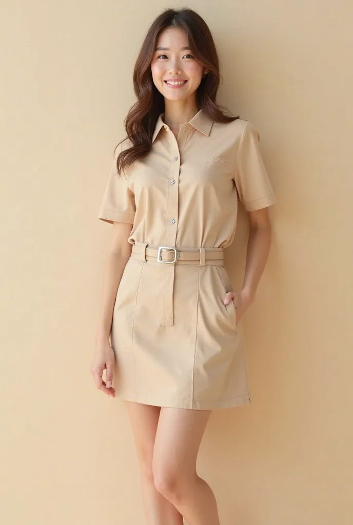 Uniform from an aloe vera cream company That it is a beige polo shirt with a plank skirt Short beige color And that has a beige belt 