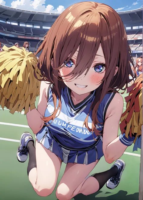 score_9, score_8_up, score_7_up, source_anime, Miku Nakano, Nakano Future, long hair, bungs, blue eyes, brown hair,Between the eyebrows,smile,blush,open their mouths, (CHEERLEADING), (full body), on chest, (semen), semen Wet Clothes, (blue clothes),slee...