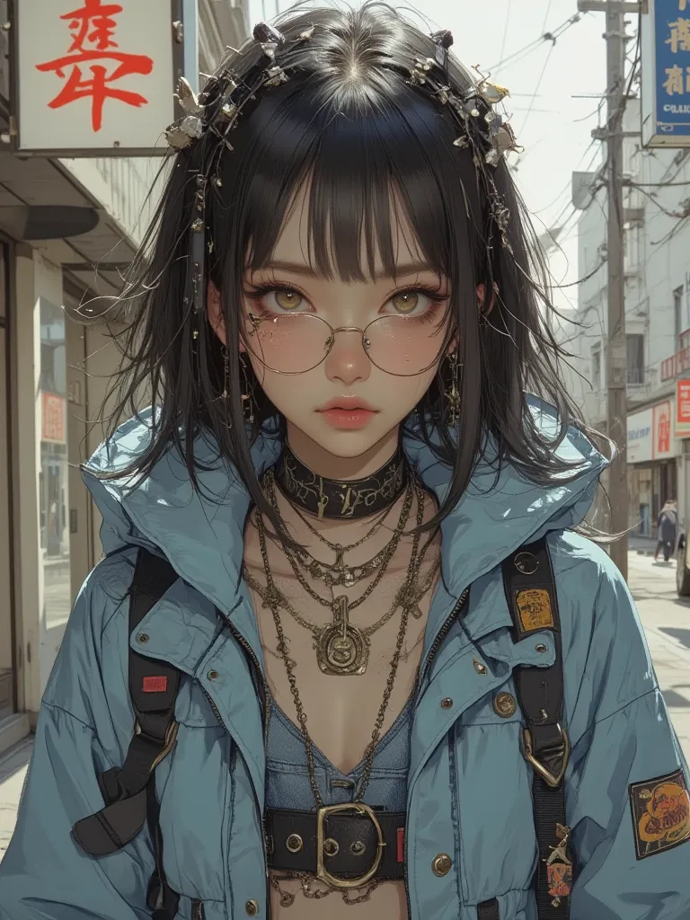 8k, masterpiece, top quality, anime girl、short black hair, round glass, light blue puffer jacket, patch,  Embellishment , blue color inner jacket,  denim shorts , necklaces, earrings, Bold lines , trend,  future, Exaggerated、(In Chinatown)、cowboy shot,  li...