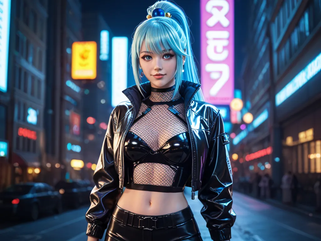 Aqua from Konosuba, reimagined in a cyberpunk aesthetic, wearing a sleek black cropped jacket with metallic shoulder accents, a revealing black mesh top, and tight futuristic tactical pants. Her long blue hair is styled in a high ponytail with cybernetic h...