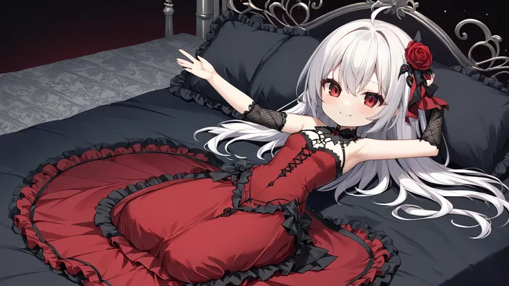 Nightcore, Gothic Maiden Anime Girl, beautiful charming anime girl,White-haired goddess, red eyes, red dress, alone, from the front, smile, chibi, ((seiza)), ((sitting)), One arm raised up, simple background