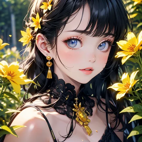 ((masterpiece)), ( Premium Quality ))), Very detailed ,  seductive sexy woman is sweating , ( very delicate beautiful face ), (   every detail is beautiful eyes ), Breast covered with petals , ( 豐滿Chest ,  black hair ), Focus on face, Focus on face,   Comp...