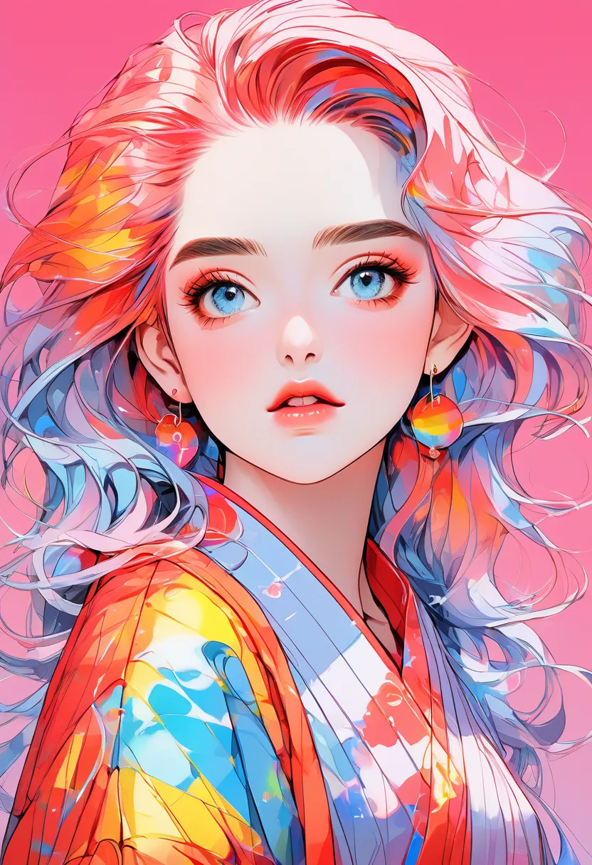 anime ,realistic , sketch , 1 girl, Sparkling blue eyes,Glossy Lips,  sweater ,collar shirt、order,  Red Gradient Background , Neon Hair, Textured Crop , , (masterpiece,top quality,rainbow style)、Kimono