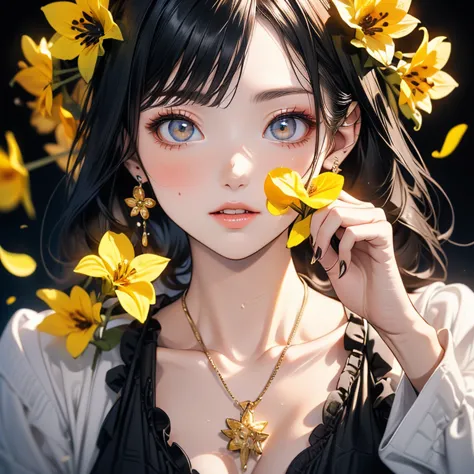 ((masterpiece)), ( Premium Quality ))), Very detailed ,  seductive sexy woman is sweating , ( very delicate beautiful face ), (   every detail is beautiful eyes ), Breast covered with petals , ( 豐滿Chest ,  black hair ), Focus on face, Focus on face,   Comp...