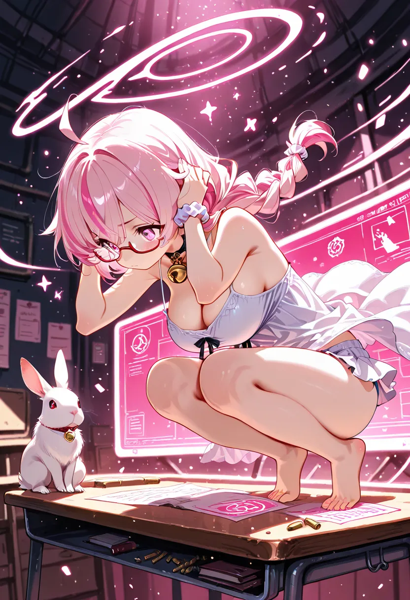 Nsfw, 1girl, solo, loli, dog girl, girl genius, dipstick ears, oppai loli, Light pink eyes, tareme, large breasts, petite, 
long hair, single braid, scrunchie, under-rim eyewear, streaked hair, hair Light pink scrunchie, neck bell, cleavage, cardigan, cami...