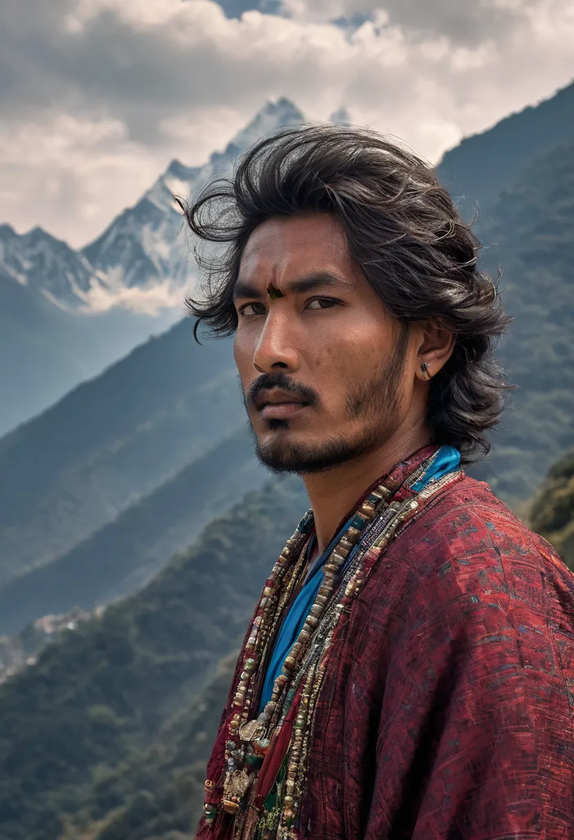 A nepali hairy men in sharee dress  face in front  in  mountain   picture realistic HD High quality masterpiece 8k realism photography