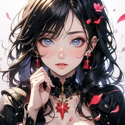 ((masterpiece)), ( Premium Quality ))), Very detailed ,  seductive sexy woman is sweating , ( very delicate beautiful face ), (   every detail is beautiful eyes ), Breast covered with petals , (  Full Chest  ,  black hair ), Focus on the chest, Focus on fa...