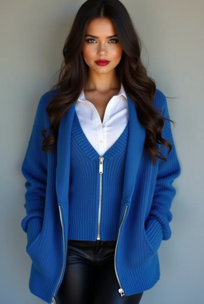 woman wearing a white poloshirt undetneath a quarter zip deep-blue sweater, blue sweater,, silver zipper down,curvy black leggings, and boots beautiful makeup, beautiful mexican woman, blue ,soft red lipstick, face with soft makeup, beautiful makeup, weari...