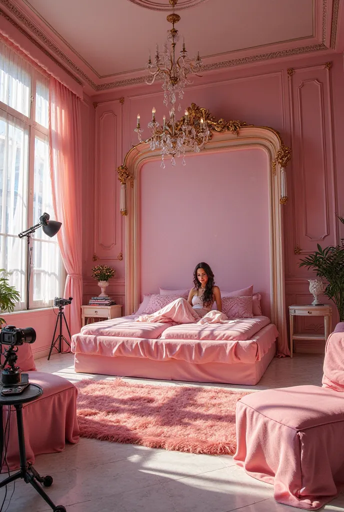 Pink bedroom with giant photo shoot