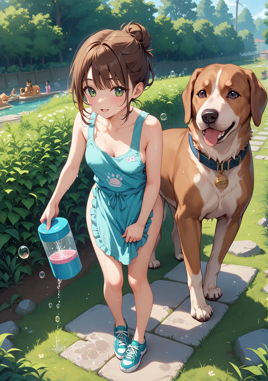 nsfw,girl,glamorous,straight hair,short hair,{{{brown hair}}},dark green eyes,{{{One breast is coming out,One nipple is coming out}}},low bun,outdoor,Watering ,,Washing the dog,shampoo,Bubble,full body,apron, get wet,Large Dogs,surrounded by people,Turf,Do...