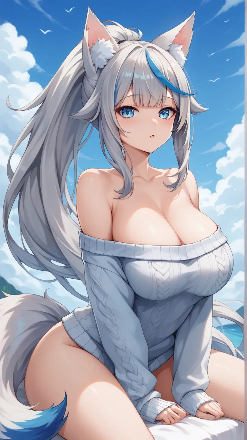 masterpiece,top quality,insanely detailed,1 girl,

ponytail,big hair flaps, Silver Hair,
blue cool eyes,
Big Breasts,
Sky Blue (streaked hair), highlights hair,  Silver Fox Ears , One tail of a silver fox, Sky Blue (streaked tail), highlights tail,

(昼:1.6...