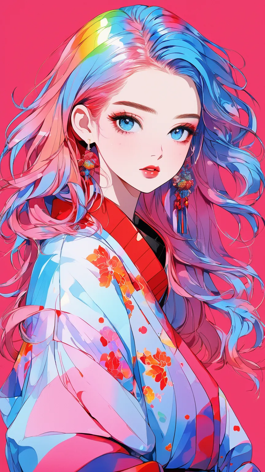 anime ,realistic , sketch , 1 girl, Sparkling blue eyes,Glossy Lips,  sweater ,collar shirt、order,  Red Gradient Background , Neon Hair, Textured Crop , , (masterpiece,top quality,rainbow style)、Kimono