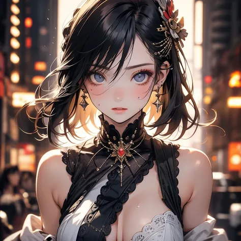 ((masterpiece)), ( Premium Quality ))), Very detailed ,  seductive sexy woman is sweating , ( very delicate beautiful face ), (   every detail is beautiful eyes ), Bullet Avoidance (  Full Chest  ,  black hair ),  focuses on breasts , Focus on face,   Comp...