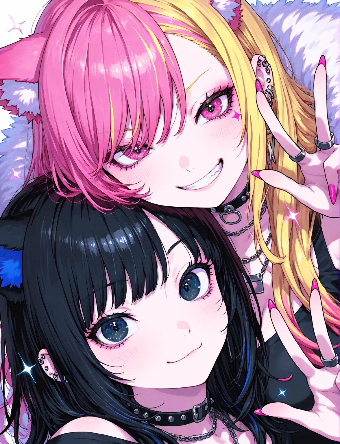 neon  color, punk gyaru, 2 women, black hair, pink hair, blonde hair, breast, w, face close_up, cool face, sparkle, perfect quality, 1coma, cat ears fluffy, High  tension,