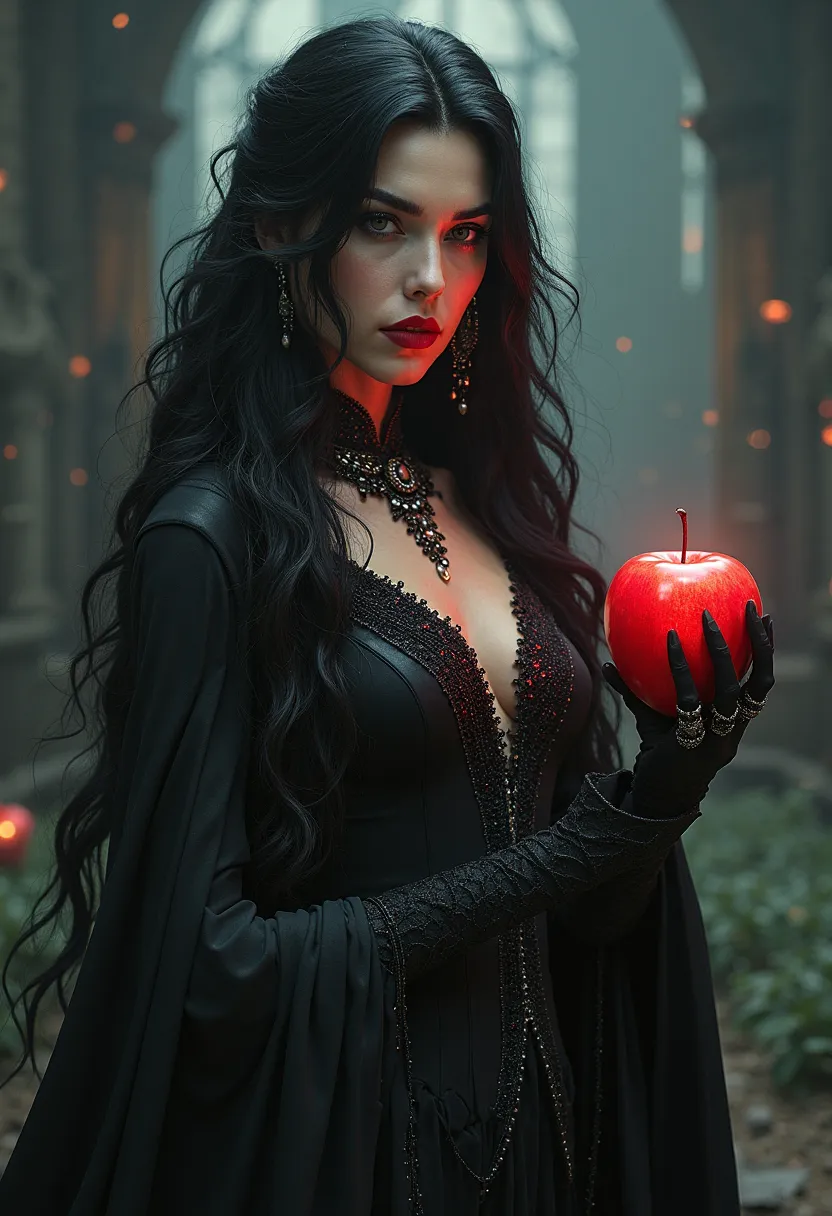 Girl,Black long hair，Black Queen，accessories，Apple in hand，Poison apples，Witch Queen，Red lipstick