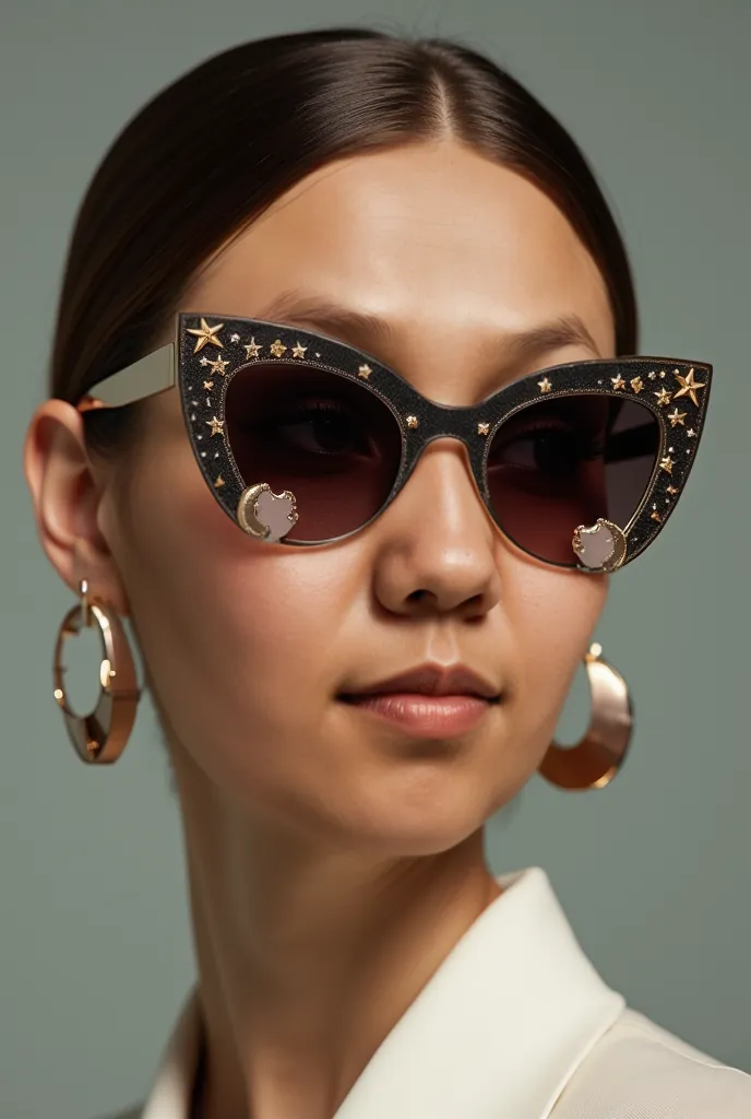  The model wears glass sunglasses,  sunglasses with stars and moon