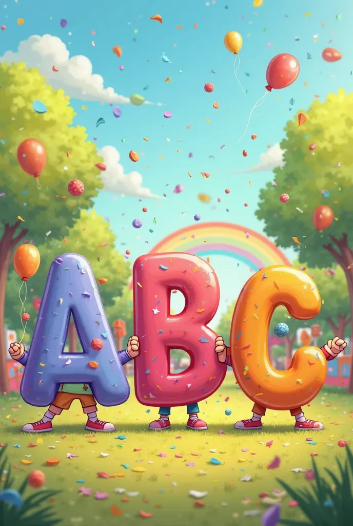 Alphabet Dance Party

"A group of happy little s dancing around giant colorful letters A, B, and C, with confetti falling from the sky. The background is a bright, cheerful park with balloons and a rainbow. The scene is in a fun, playful s' cartoon style w...