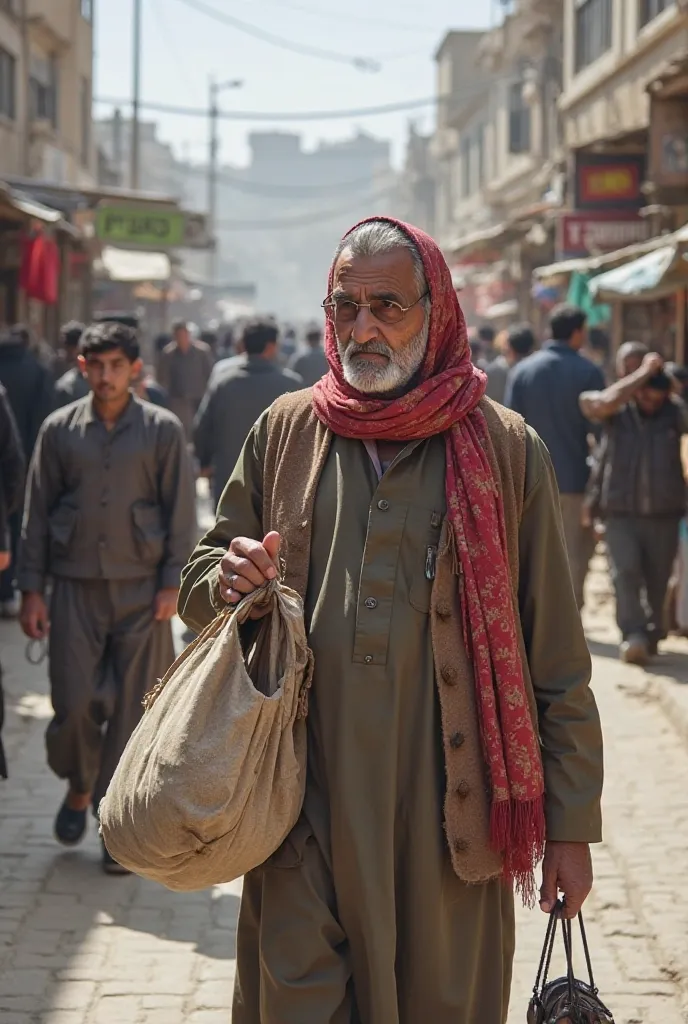 You made a picture of an elderly population carrying handmade goods, a number of boys selling plastic and a number of men sneaking into the market, people of Jalalabad city should wear Afghan clothing and the image should be of poverty displayed 