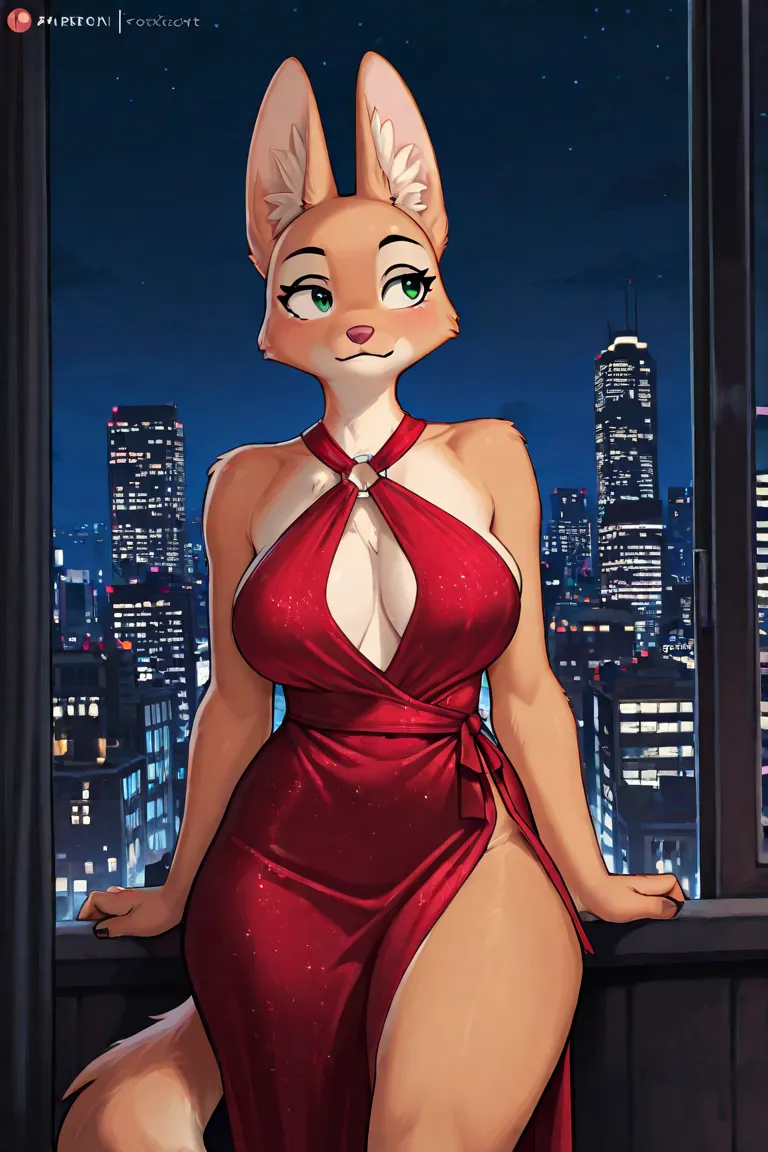 Masterpiece, the best quality, amazing quality, very aesthetic, absurdres, newest, diane_foxington_illust, 1girl, solo, furry, furry female, anthro, red dress, city, night time