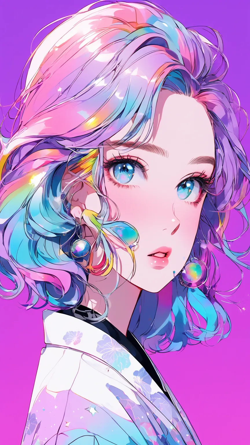 anime ,realistic , sketch , 1 girl, Sparkling blue eyes,Glossy Lips,  sweater ,collar shirt、order, turquoise to purple gradient background, Neon Hair, Textured Crop , , (masterpiece,top quality,rainbow style)、Kimono、White collar