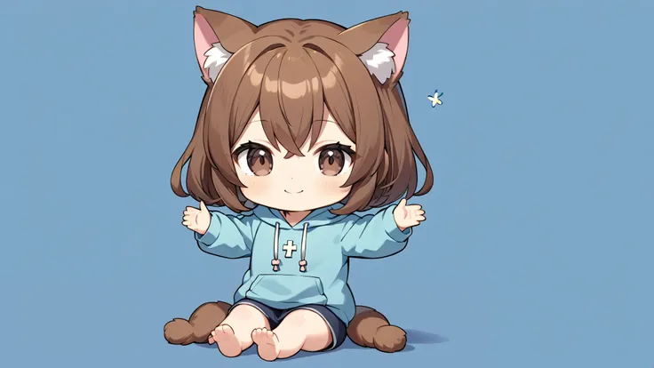 Anime Girl with Cat Ears, beautiful charming anime girl,Brown haired goddess, dark eyes, Light blue hoodie, alone, from the front, smile, chibi, ((sitting cross-legged)), ((sitting)), One arm raised up, simple background