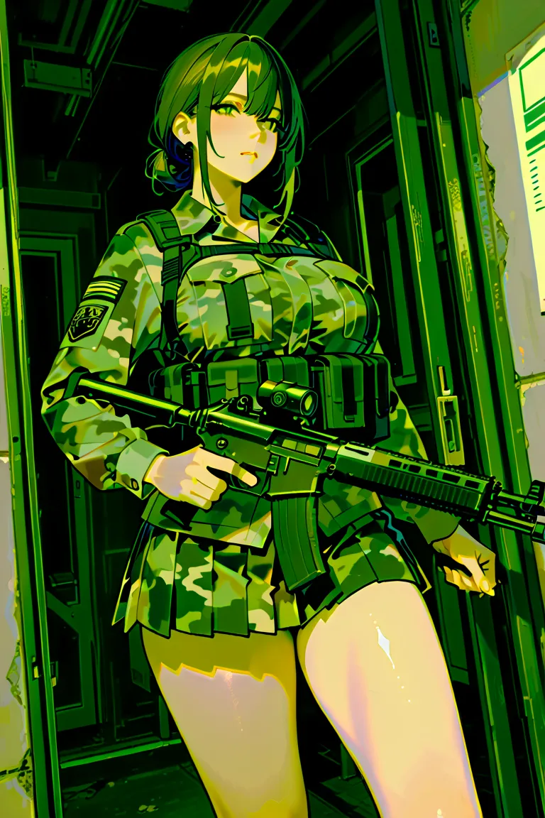 masterpiece, best quality, great quality, very aesthetic, high resolution, latest, HYPER DETAIL, realism, ( intermediate shot), 1 female Self-Defense Force member, Lively impression, mature, slimming , camo pleated miniskirt, 