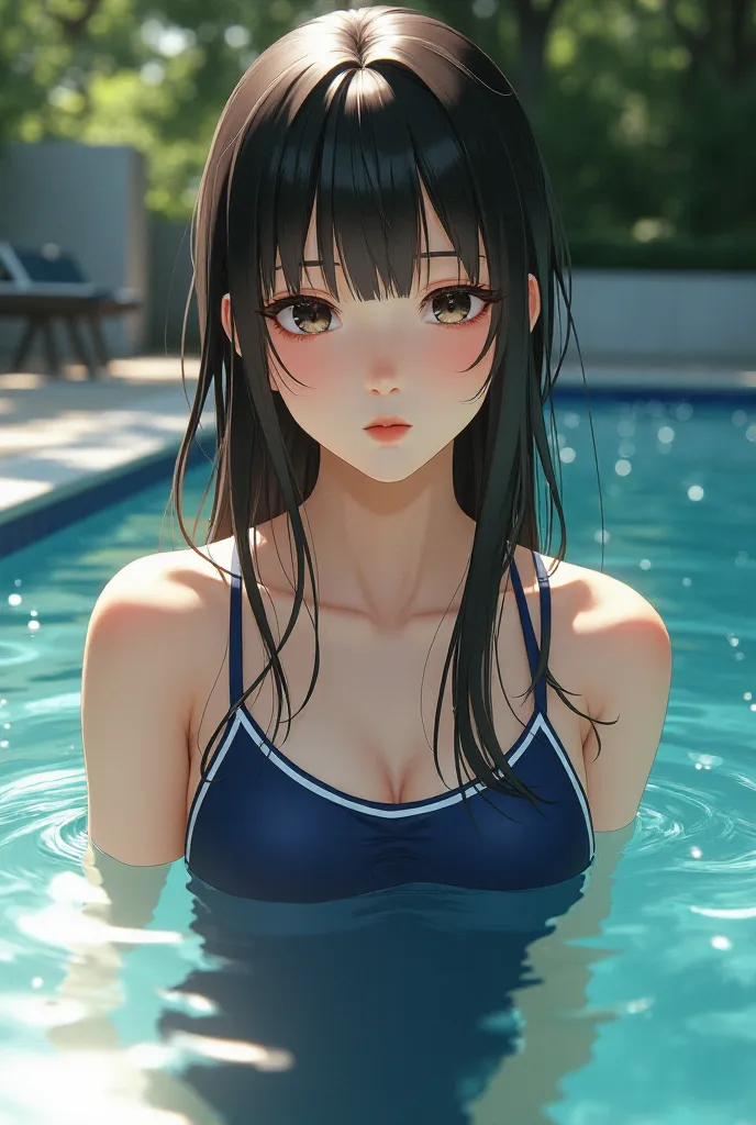 Japanese girl in a school swimsuit,white piping swimsuit,Venus by Milo,Low Leg,3:30 PM in summer, sunlight filtering through the trees,Swimsuit has a simple design,droopy eyes,elastic fabric,Fits your body,No wrinkles on swimsuit,wears a dark blue swimsuit...