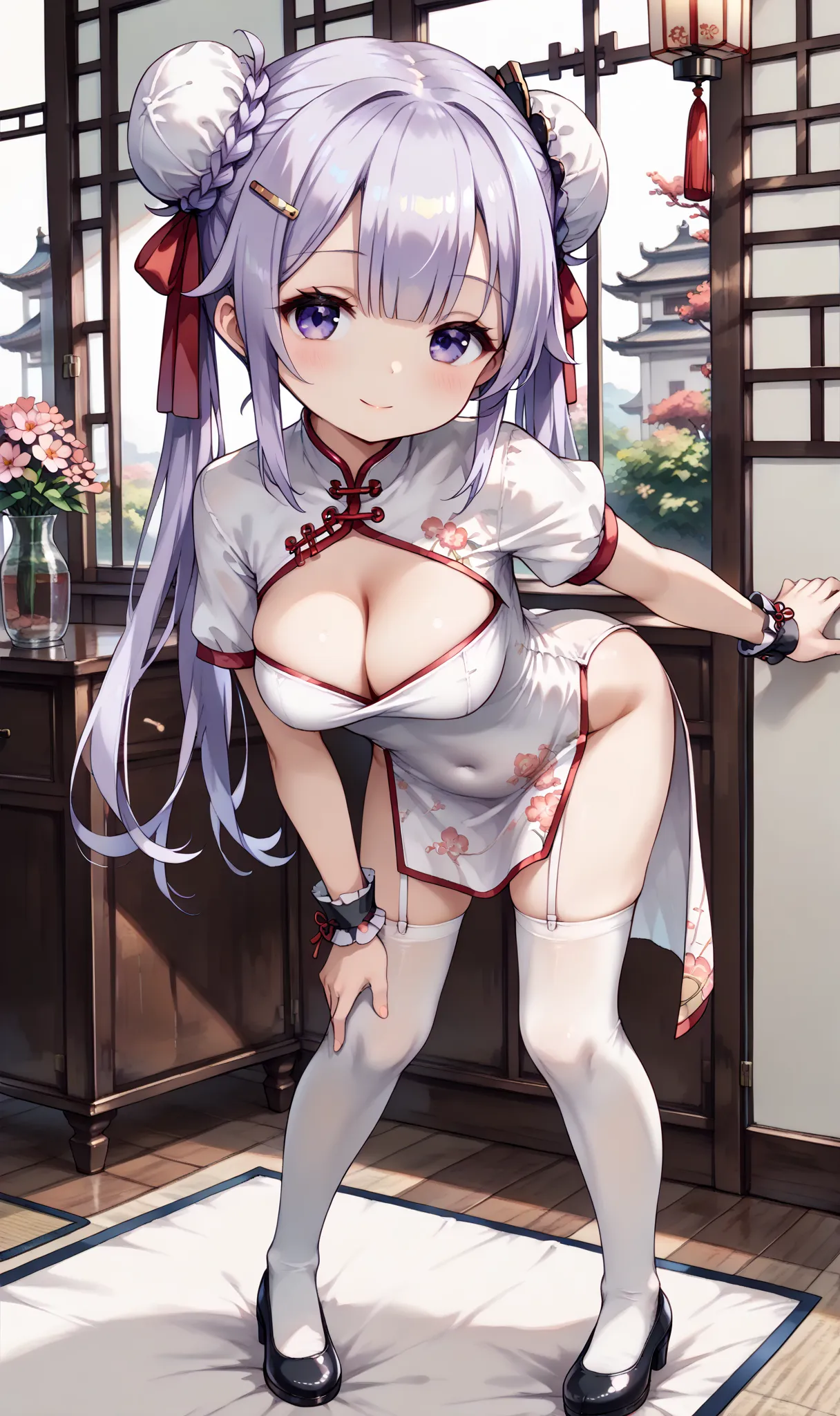 (cute face,beautiful face,detailed face,perfect face),(ultra detailed,highly detailed,best quality,masterpiece),1girl,solo,blush,looking at viewer, seductive_smile, (unicorn_azur_lane:1.2),(white chinese clothes, white china dress, double hair bun, haircli...