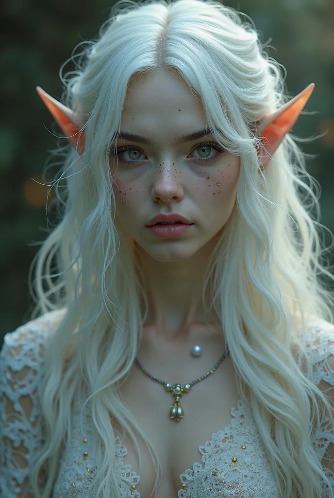 Fae ager with slightly elongated K9s and slightly pointed ears, white hair, 