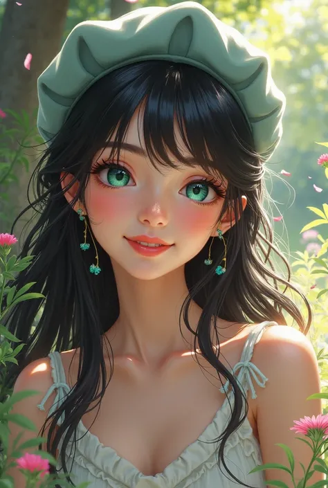 Girl, solo, black hair, aqua eyes, smiley, beret, bloom, dithering, En plein air, Romanticism, highres, best quality, anatomically correct, masterpiece