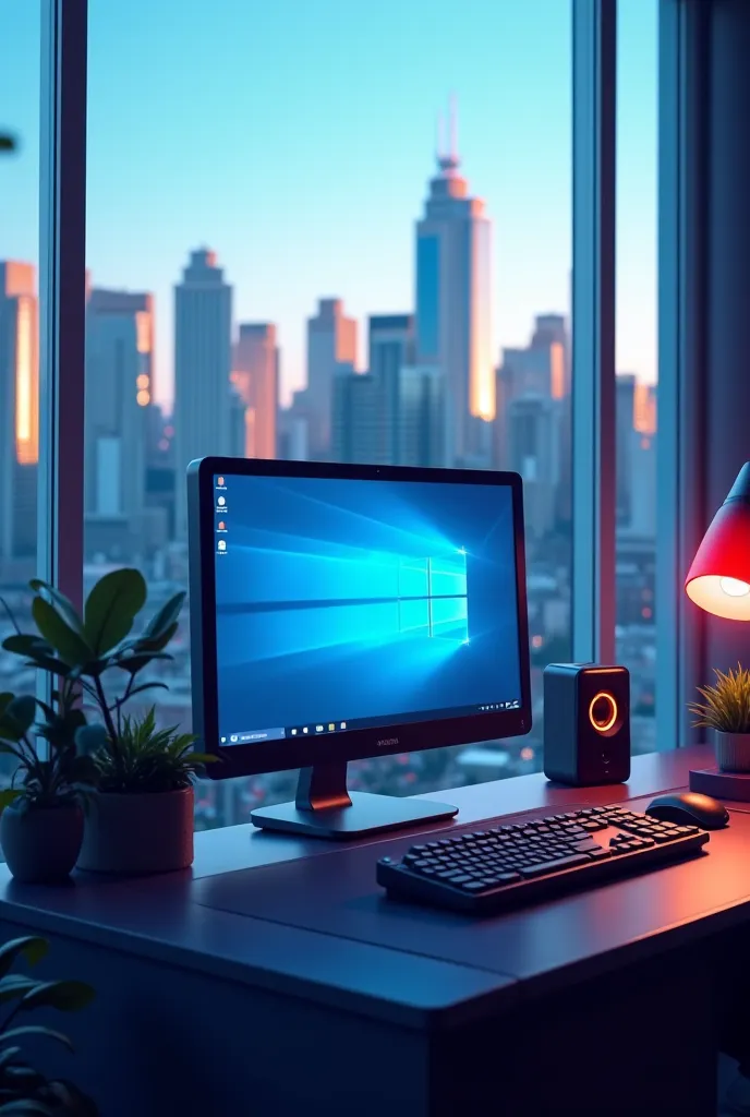  CREATE AN ANIMATED VERTICAL IMAGE, In the background an office with a view of the city, so that there is a desk with a monitor with a blue wallpaper and a small logo of an antifas, And that the desktop has a keyboard and a mouse 