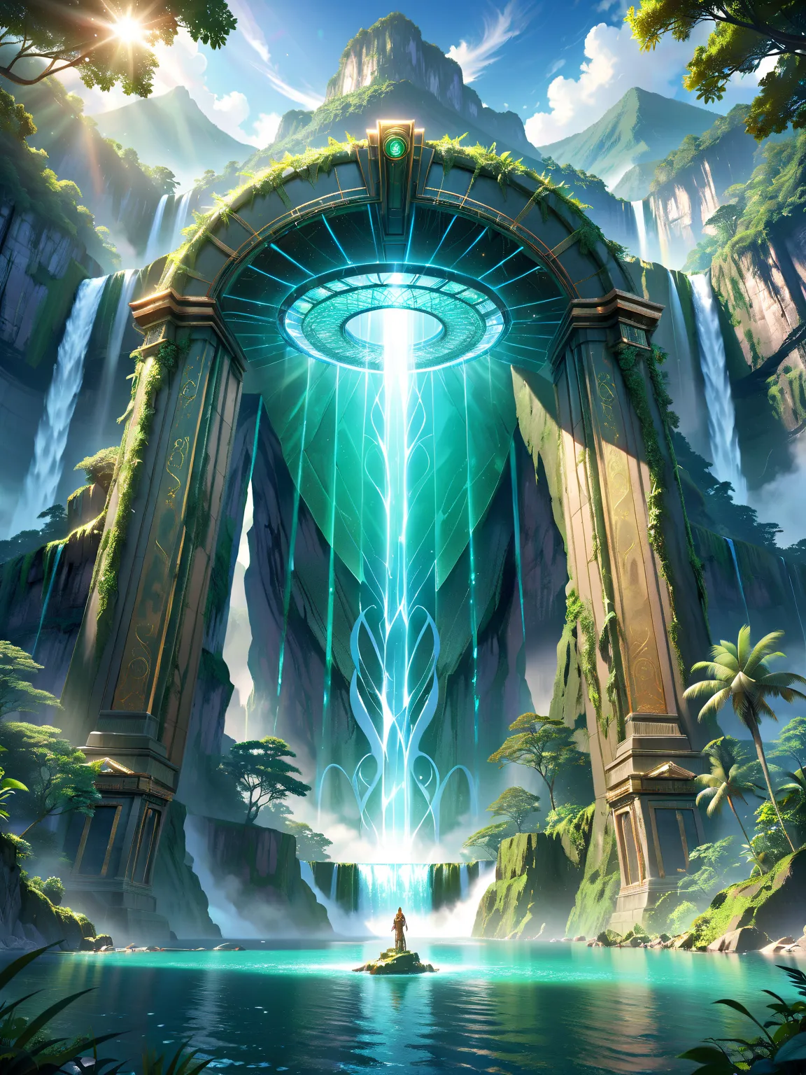 A majestic waterfall cascades down a lush, emerald green cliffside, its misty veil rising into the air as a colossal Stargate suddenly materializes above the turbulent waters, its intricate, metallic rings glowing with an otherworldly blue light. Beyond th...