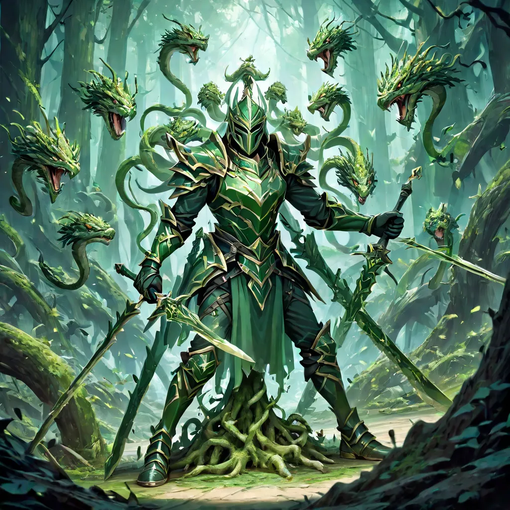 large hydra creature with many heads.
trees and moss growing, completely covered in blades, hydra necks wrapped with armour and blades, swards sticking into the ground, swards being held in mouths, swards everywhere, helmets.
green colour scheme, dark fant...