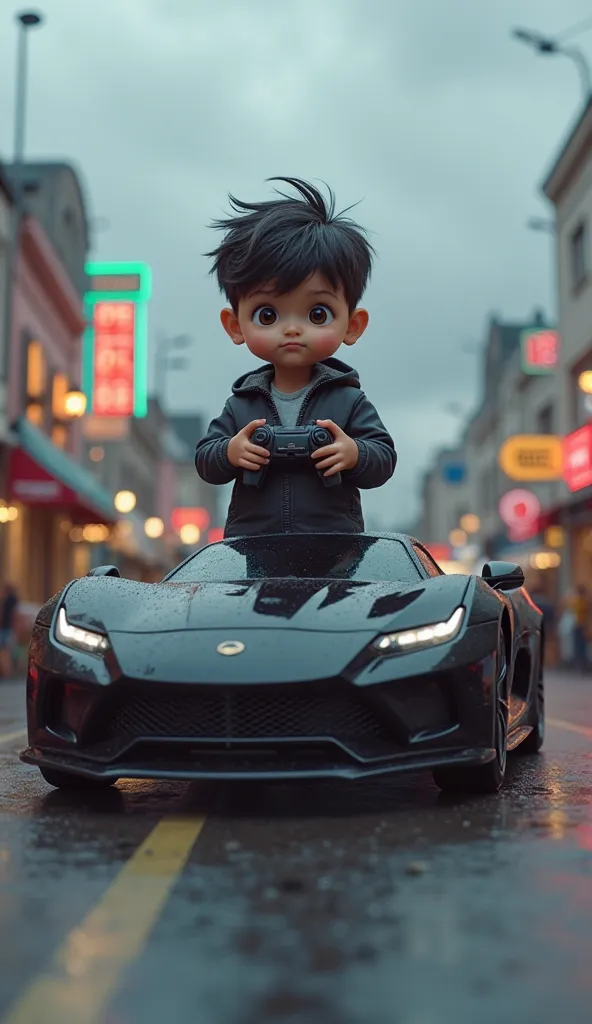 Little Venom is holding a black remote control car.(Cloudy daytime sky, supercar shop in the background.)