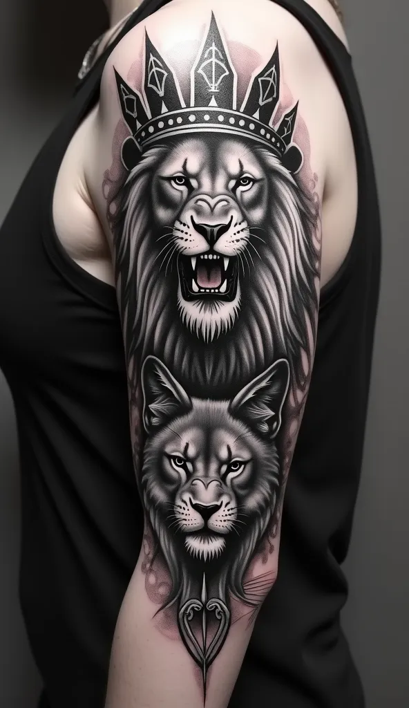 Sauds Legacy Tattoo
create a shoulder arm tattoo. include the following : 1. roaring lion wearing Arab islamic crown 2. ancient Egyptian symbols , including my name saud in hirocliphics 3. triable 4. full black and white tatto colors only could throw in on...