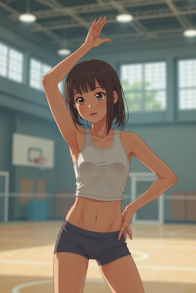 Japanese High School Girl Stretching for Warm-up Exercise, 彼女はlikeい, like々with a good-looking face, slender figure,  emphasizes your chest, Tanned Healthy Skin,  straight brown hair, bungs,  Elastic Thin Tank Top, warming up,  ((sport type bikini pants)) ,...